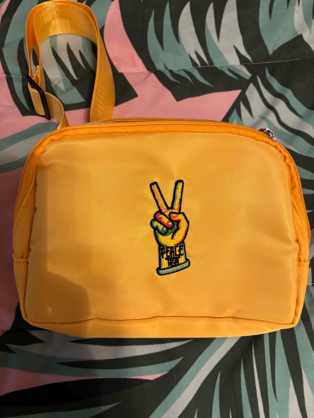 Yellow Crossbody Bag with Peace Hand Patch